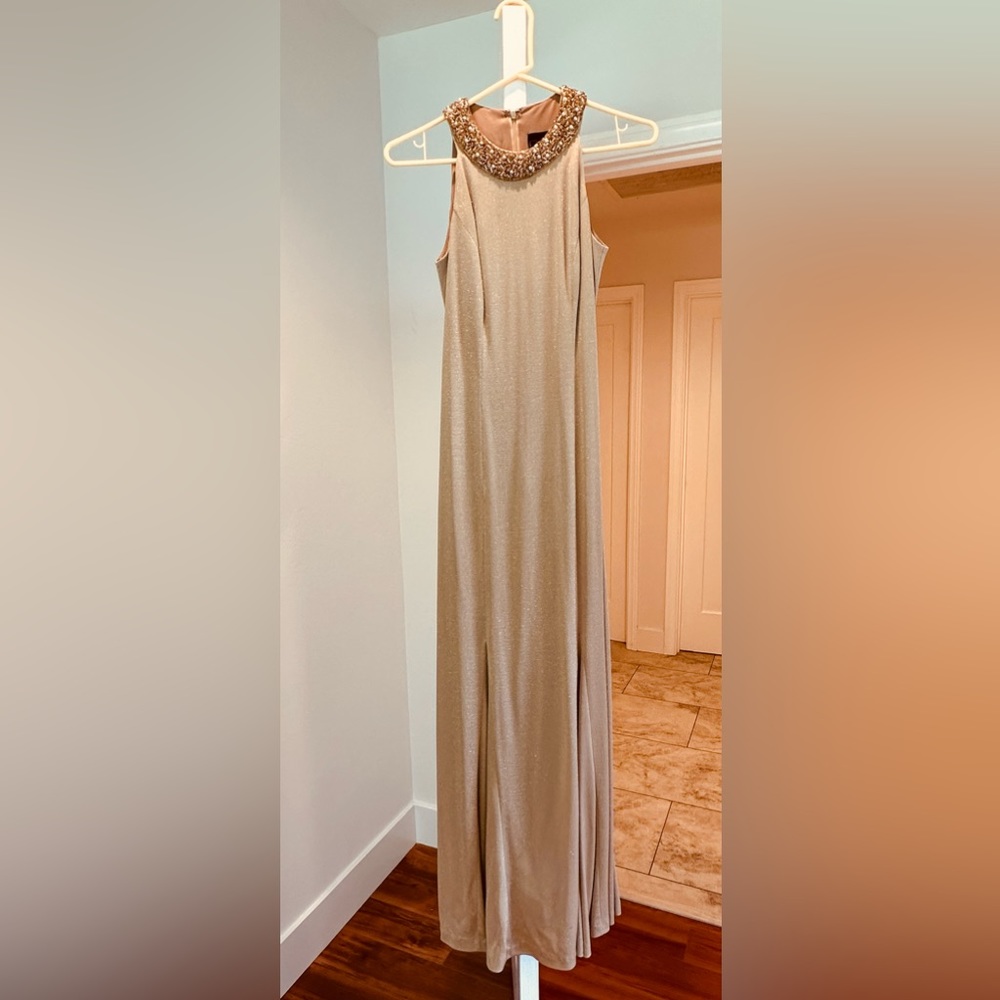 Gold evening gown with beaded neckline- formal dress